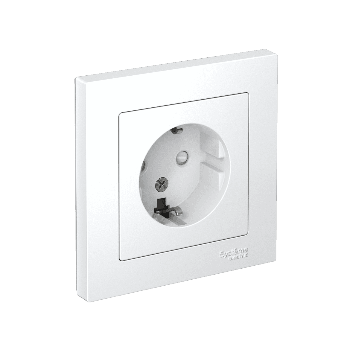 Розетка с заземлением, защитными шторками и рамкой Systeme (Schneider) Electric AtlasDesign ATN000144 (белый) - вид спереди