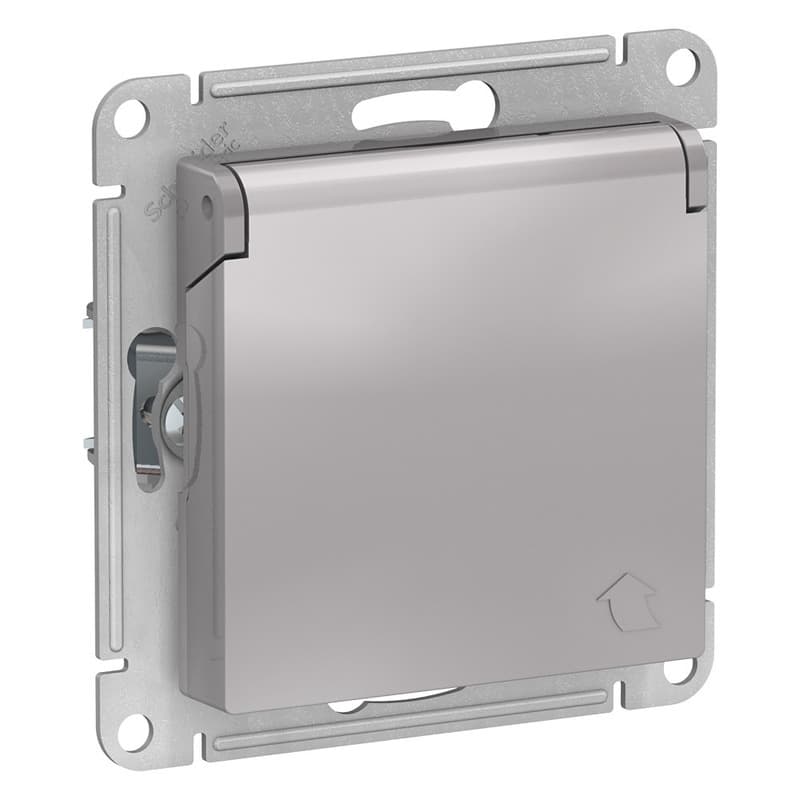 Розетка с заземлением защитными шторками и крышкой Schneider Electric AtlasDesign алюминий ATN000346
