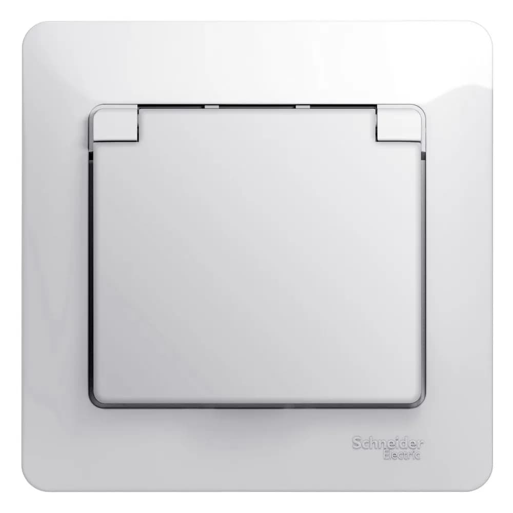 Розетка силовая с заземлением, защитными шторками, крышкой и рамкой Systeme Electric (Schneider) Glossa, цвет белый