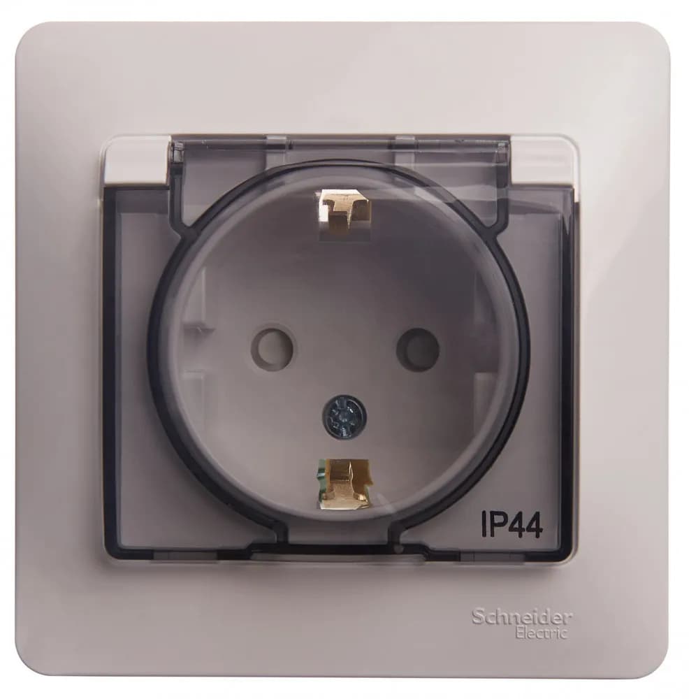Розетка силовая с заземлением, защитными шторками, крышкой и рамкой Systeme Electric (Schneider) Glossa, цвет белый