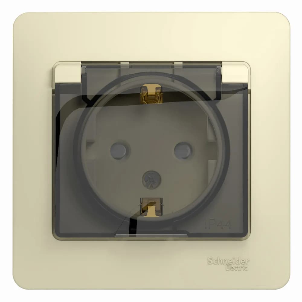 Розетка силовая с заземлением, защитными шторками, крышкой и рамкой Systeme Electric (Schneider) Glossa, цвет бежевый