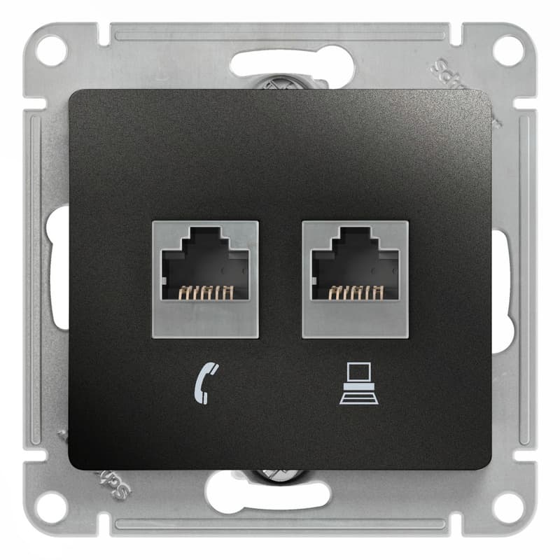 Розетка двойная Schneider Electric Glossa антрацит телефон RJ-11 + компьютер RJ-45 GSL000785