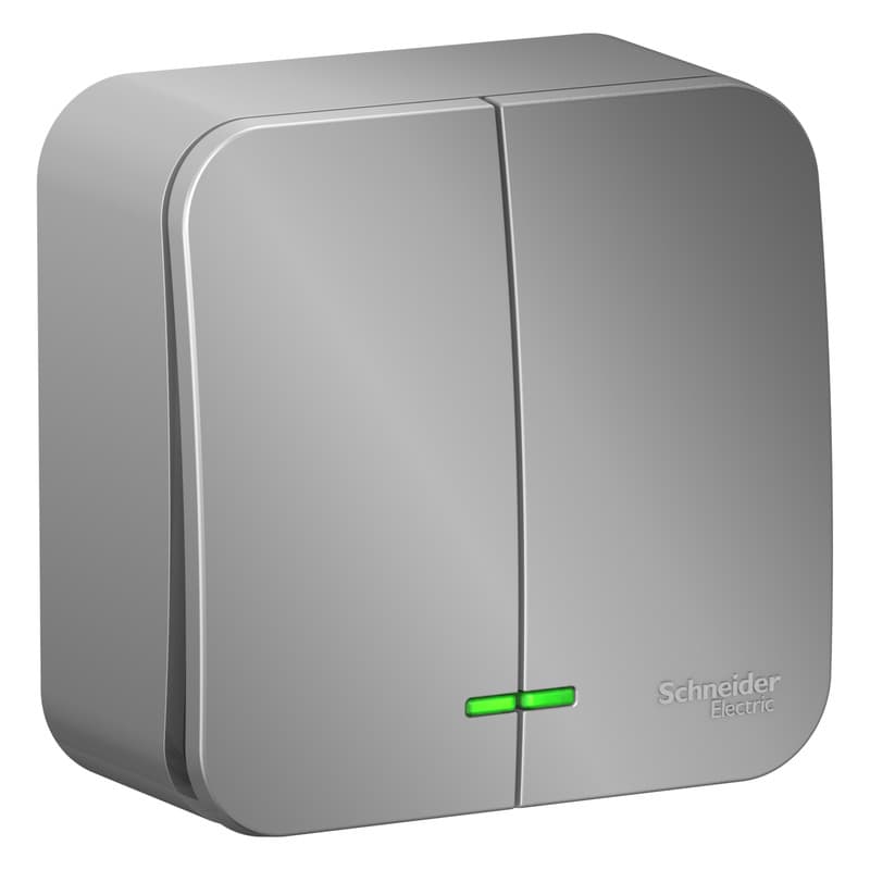 Выключатель двухклавишный с подсветкой Systeme Electric Blanca BLNVA105113, цвет алюминий, световой индикатор, металлический дизайн, скрытый монтаж.