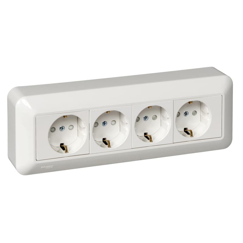 Розетка четверная с заземлением и защитными шторками Systeme Electric Blanca RA16-411M-BI, цвет белый, четыре разъема с заземлением, защита от детей.