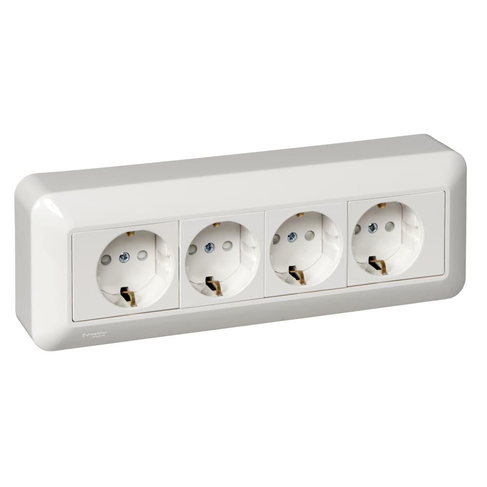 Розетка четверная с заземлением и защитными шторками Systeme Electric Blanca RA16-411M-BI, цвет белый, четыре разъема с заземлением, защита от детей.