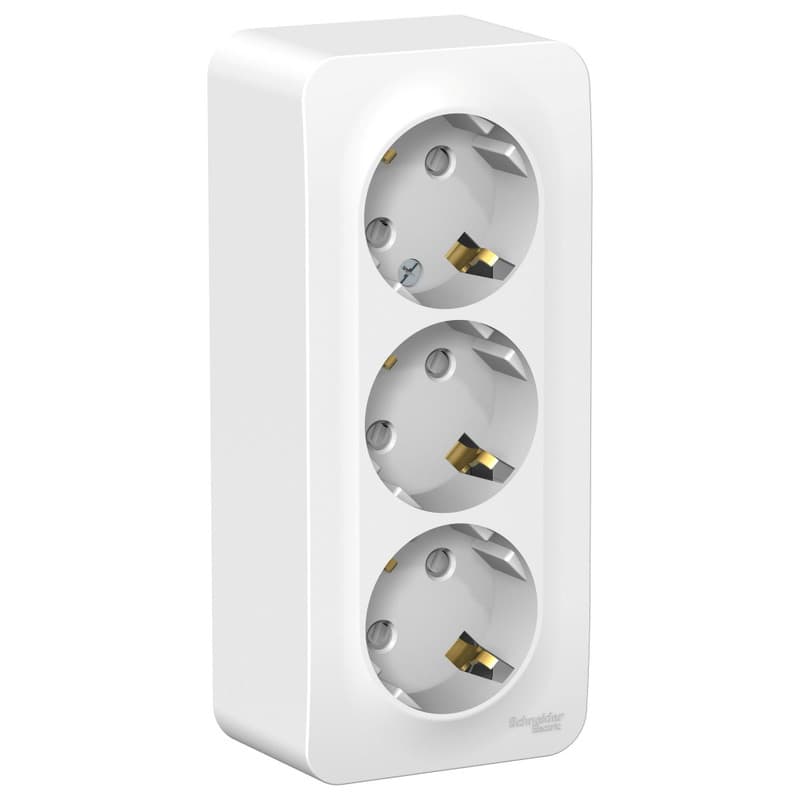 Розетка Systeme Electric (ранее Schneider Electric) BLANCA (белый, открытой установки) трехместная, с заземлением, шторками и изолирующей пластиной предназначена для сетей до 250В, на ток до 16А. Трехместная розетка позволяет подключить три устройства в одном месте. Шторки и заземление обеспечивают дополнительную безопасность. Корпус изделия выполнен из ABS-пластика.
