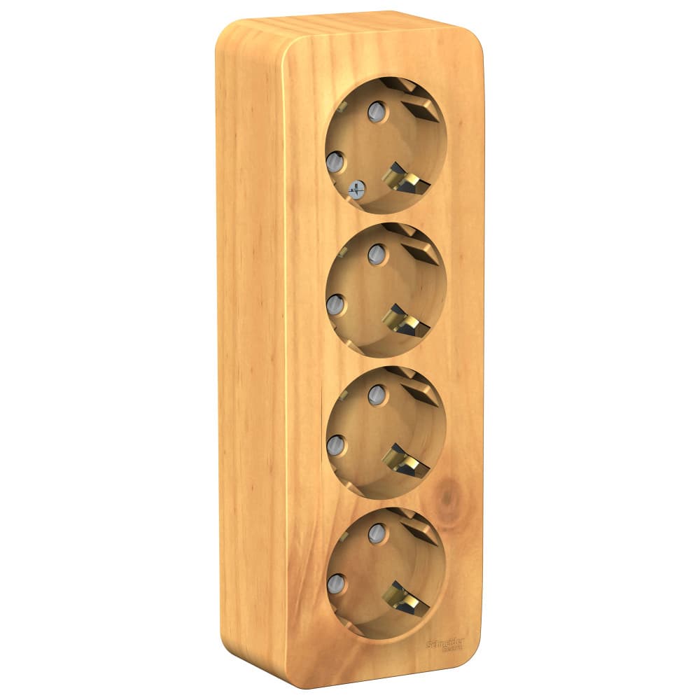 Розетка четверная с заземлением и защитными шторками Systeme Electric Blanca BLNRA011415, цвет ясень, накладная открытой установки, безопасность для детей, изолирующая пластина.