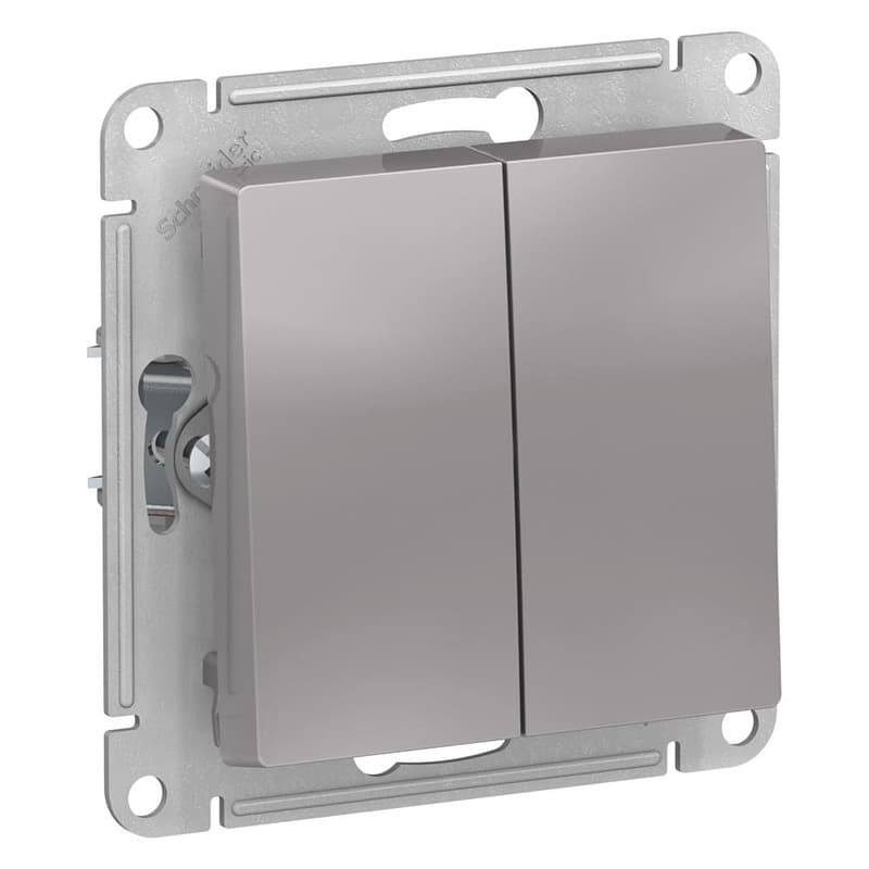 Выключатель двухклавишный Systeme Electric AtlasDesign Aqua ATN440351, IP44, схема 5, 10А, цвет алюминий, механизм для скрытого монтажа