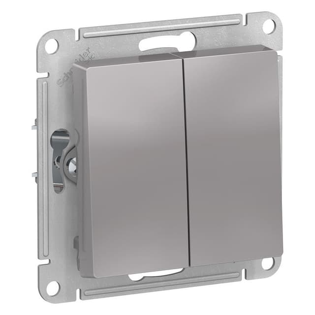 Выключатель двухклавишный Systeme Electric AtlasDesign Aqua ATN440351, IP44, схема 5, 10А, цвет алюминий, механизм для скрытого монтажа