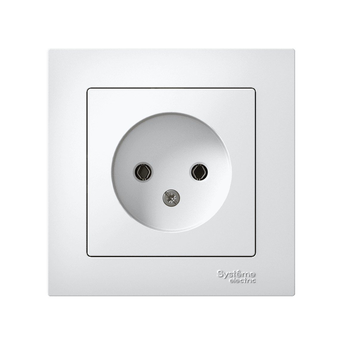 Розетка без заземления Systeme Electric AtlasDesign ATN000140, цвет белый, в сборе с рамкой, для скрытого монтажа. - вид спереди
