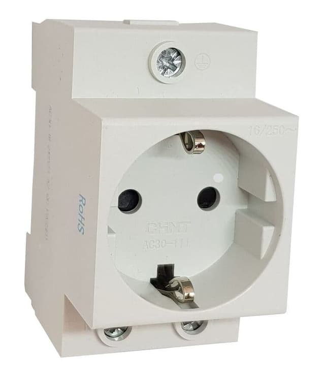 Розетка модульная с заземлением Chint AC30-111, на DIN-рейку, номинальный ток 16А, артикул 775001