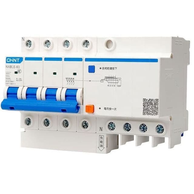 Дифференциальный автомат модульный Chint NXBLE-63 4P, характеристика C, номинальный ток 16А, ток утечки 30мА, тип AC, отключающая способность 6кА, артикул 982157