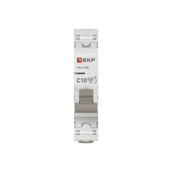Автоматический выключатель модульный EKF PROxima ВА47-63N 1P, характеристика C, номинальный ток 10А, отключающая способность 6кА, артикул M636110C - вид спереди