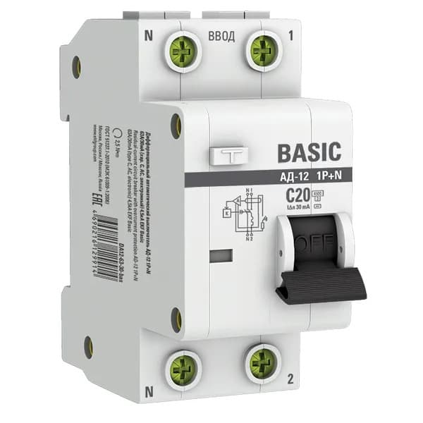 Дифференциальный автомат EKF Basic АД-12 1P+N, характеристика C, номинальный ток 20А, ток утечки 30мА, тип AC, отключающая способность 4,5кА, артикул DA12-20-30-bas
