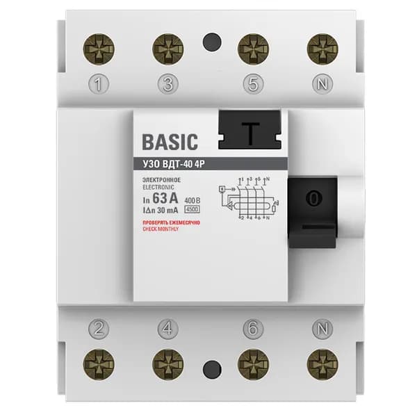 Устройство защитного отключения EKF Basic ВДТ-40 4P, номинальный ток 63А, ток утечки 30мА, тип AC, электронное, отключающая способность 4,5кА, артикул elcb-4-63-30e-sim - вид спереди