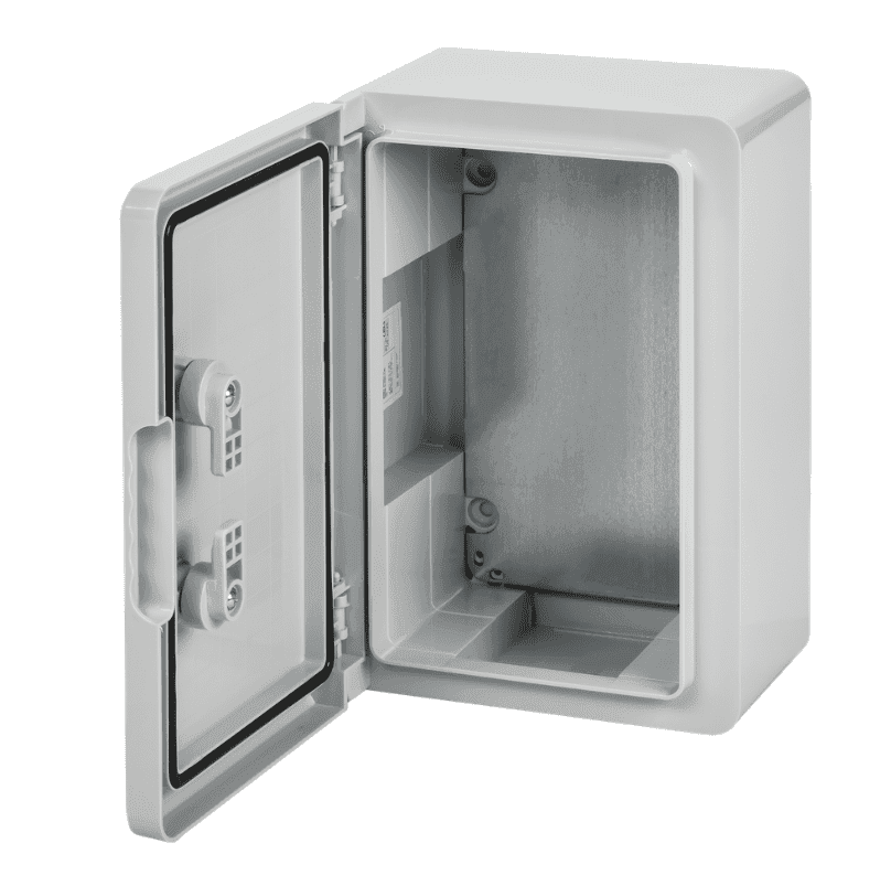 Бокс пластиковый навесной IEK ЩМПп MKP93-N-302013-65, 300х200х130 мм, 100А, IP65, с монтажной панелью, серый - с открытой дверцей