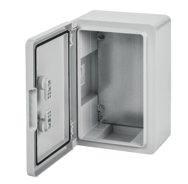 Бокс пластиковый навесной IEK ЩМПп MKP93-N-302013-65, 300х200х130 мм, 100А, IP65, с монтажной панелью, серый - с открытой дверцей