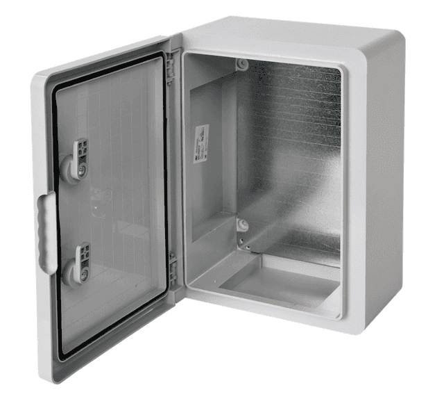 Бокс пластиковый навесной IEK ЩМПп MKP93-N-352515-65, 350х250х150 мм, 100А, IP65, с монтажной панелью, серый - с открытой дверцей