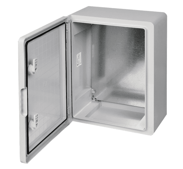 Бокс пластиковый навесной IEK ЩМПп MKP93-N-403017-65, 400×300×170 мм, IP65, с монтажной панелью, серый - с открытой дверцей