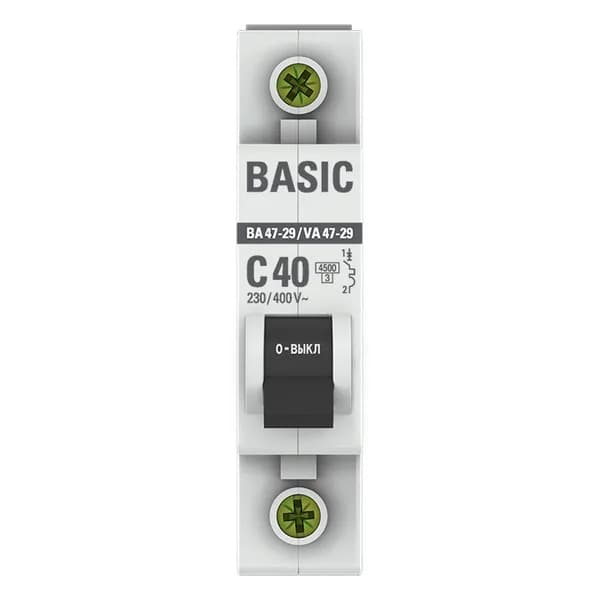 Автоматический выключатель модульный EKF Basic ВА47-29 1P, характеристика C, номинальный ток 40А, отключающая способность 4,5кА, артикул mcb4729-1-40C - вид спереди
