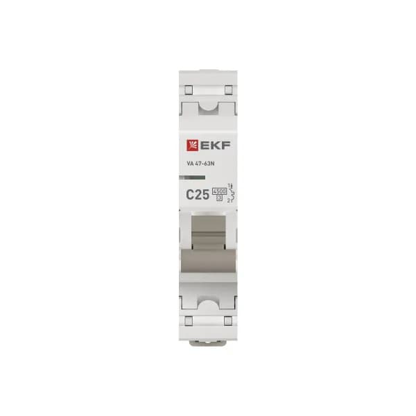 Автоматический выключатель модульный EKF PROxima ВА47-63N 1P, характеристика C, номинальный ток 25А, отключающая способность 4,5кА, артикул M634125C - вид спереди