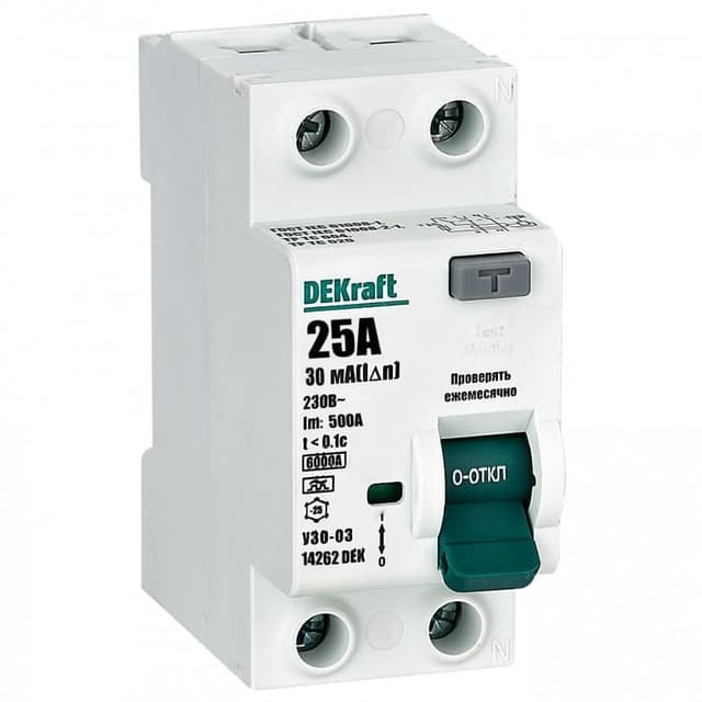 Устройство защитного отключения модульное DEKraft УЗО-03 14262DEK, 2P, номинальный ток 25А, ток утечки 30мА, тип A, электромеханическое, отключающая способность 6кА, на DIN-рейку