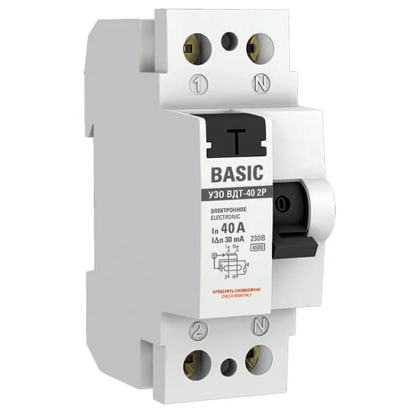 Устройство защитного отключения EKF Basic ВДТ-40 2P, номинальный ток 40А, ток утечки 30мА, тип AC, электронное, отключающая способность 4,5кА, артикул elcb-2-40-30e-sim