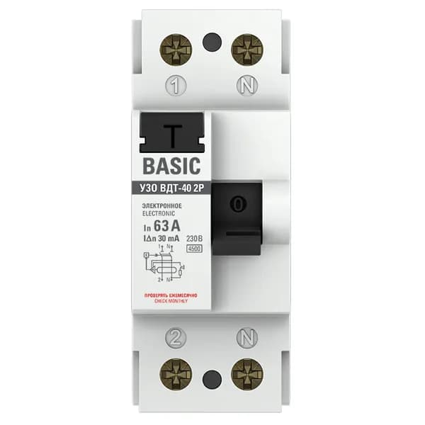 Устройство защитного отключения EKF Basic ВДТ-40 2P, номинальный ток 63А, ток утечки 30мА, тип AC, электронное, отключающая способность 4,5кА, артикул elcb-2-63-30e-sim - вид спереди