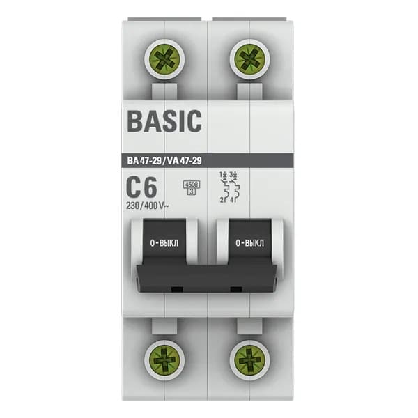 Автоматический выключатель модульный EKF Basic ВА47-29 2P, характеристика C, номинальный ток 6А, отключающая способность 4,5кА, артикул mcb4729-2-06C - вид спереди