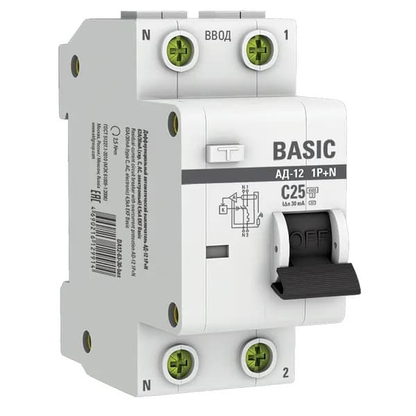 Дифференциальный автомат EKF Basic АД-12 1P+N, характеристика C, номинальный ток 25А, ток утечки 30мА, тип AC, отключающая способность 4,5кА, артикул DA12-25-30-bas