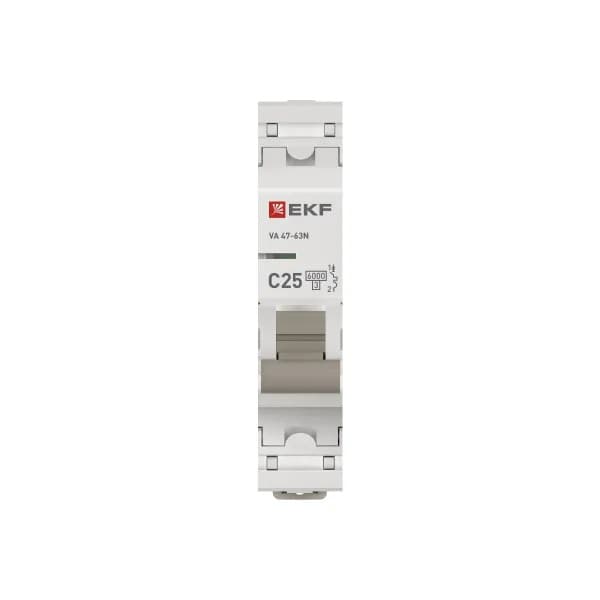 Автоматический выключатель модульный EKF PROxima ВА47-63N 1P, характеристика C, номинальный ток 25А, отключающая способность 6кА, артикул M636125C - вид спереди