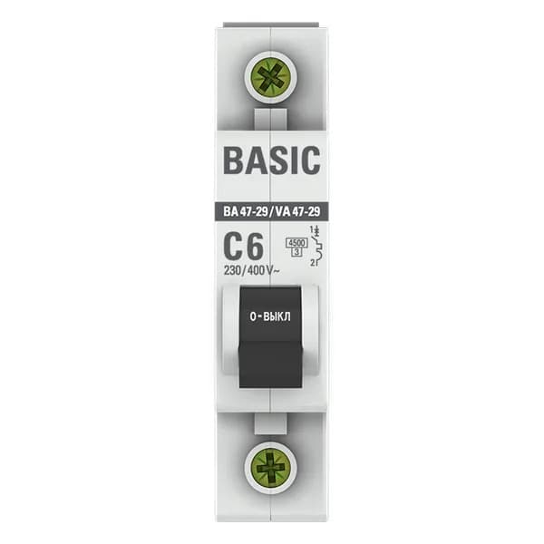 Автоматический выключатель модульный EKF Basic ВА47-29 1P, характеристика C, номинальный ток 6А, отключающая способность 4,5кА, артикул mcb4729-1-06C - вид спереди