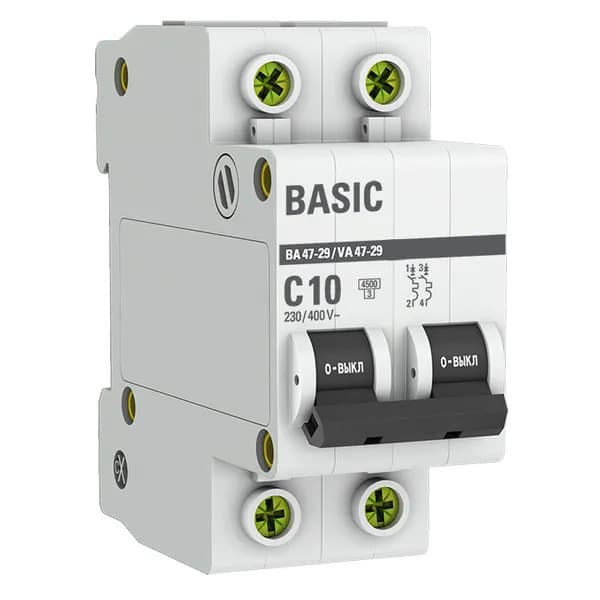 Автоматический выключатель модульный EKF Basic ВА47-29 2P, характеристика C, номинальный ток 10А, отключающая способность 4,5кА, артикул mcb4729-2-10C