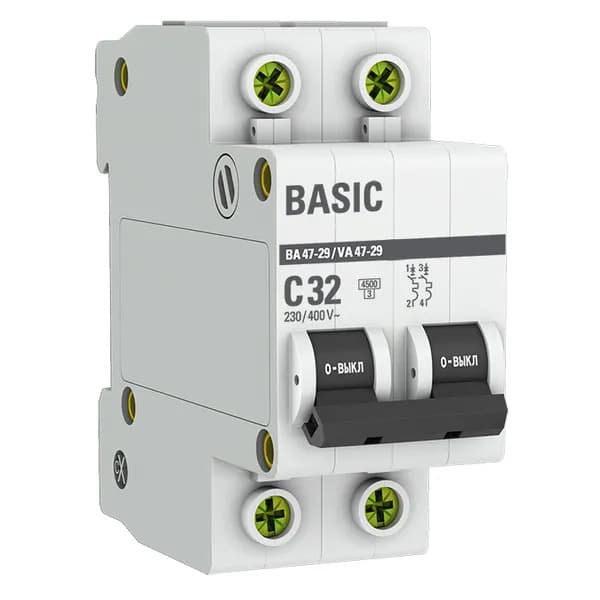 Автоматический выключатель модульный EKF Basic ВА47-29 2P, характеристика C, номинальный ток 32А, отключающая способность 4,5кА, артикул mcb4729-2-32C