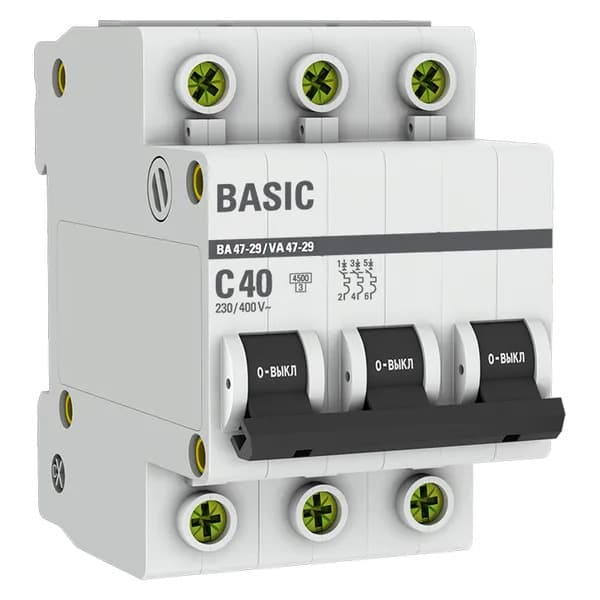 Автоматический выключатель модульный EKF Basic ВА47-29 3P, характеристика C, номинальный ток 40А, отключающая способность 4,5кА, артикул mcb4729-3-40C