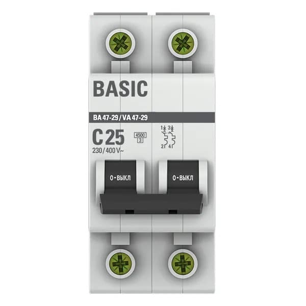 Автоматический выключатель модульный EKF Basic ВА47-29 2P, характеристика C, номинальный ток 25А, отключающая способность 4,5кА, артикул mcb4729-2-25C - вид спереди