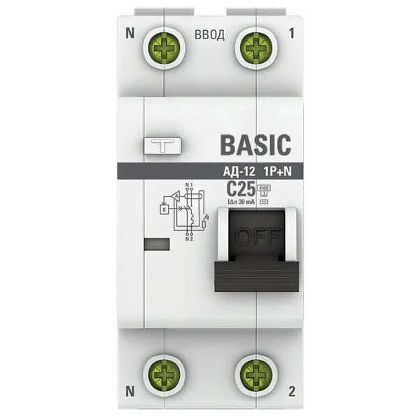 Дифференциальный автомат EKF Basic АД-12 1P+N, характеристика C, номинальный ток 25А, ток утечки 30мА, тип AC, отключающая способность 4,5кА, артикул DA12-25-30-bas - вид спереди