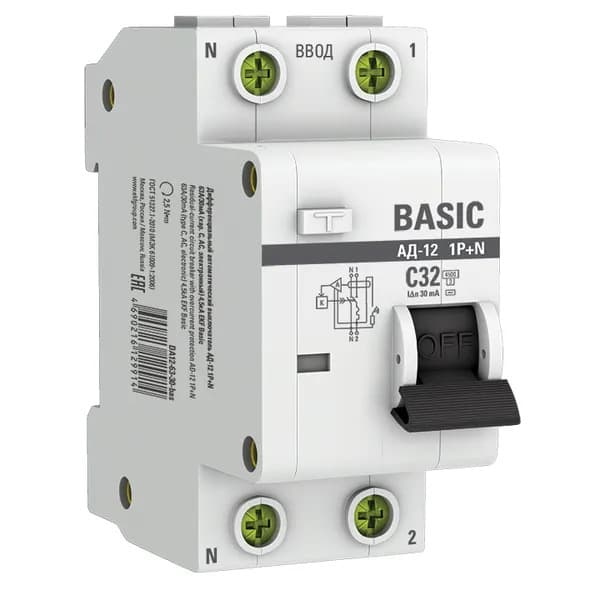 Дифференциальный автомат EKF Basic АД-12 1P+N, характеристика C, номинальный ток 32А, ток утечки 30мА, тип AC, отключающая способность 4,5кА, артикул DA12-32-30-bas
