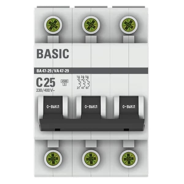 Автоматический выключатель модульный EKF Basic ВА47-29 3P, характеристика C, номинальный ток 25А, отключающая способность 4,5кА, артикул mcb4729-3-25C - вид спереди