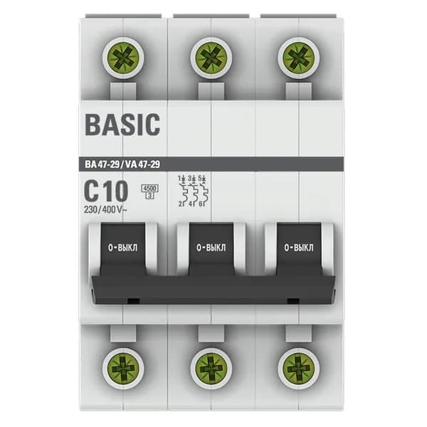 Автоматический выключатель модульный EKF Basic ВА47-29 3P, характеристика C, номинальный ток 10А, отключающая способность 4,5кА, артикул mcb4729-3-10C - вид спереди