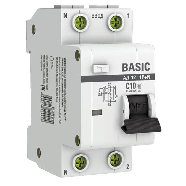 Дифференциальный автомат EKF Basic АД-12 1P+N, характеристика C, номинальный ток 10А, ток утечки 30мА, тип AC, отключающая способность 4,5кА, артикул DA12-10-30-bas