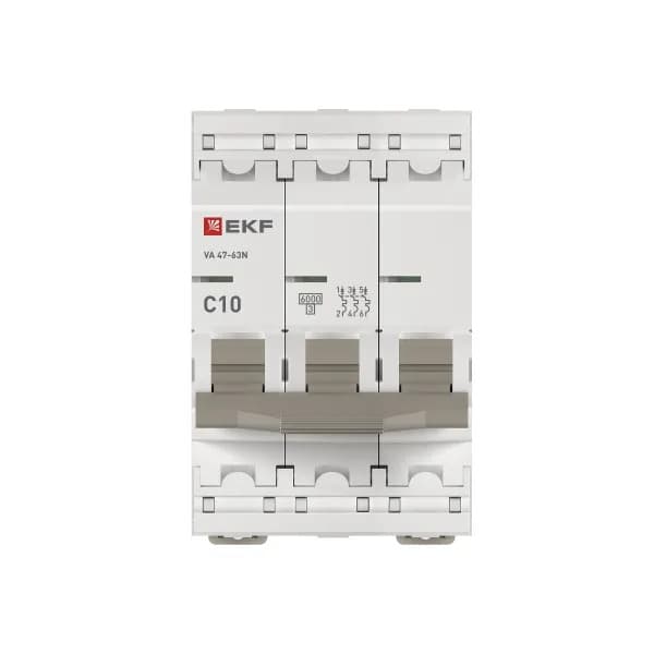 Автоматический выключатель модульный EKF PROxima ВА47-63N 3P, характеристика C, номинальный ток 10А, отключающая способность 6кА, артикул M636310C - вид спереди