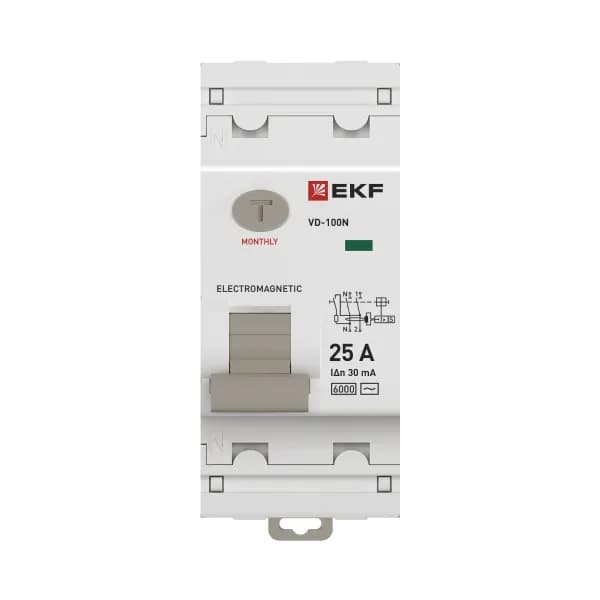 Устройство защитного отключения EKF PROxima ВД-100N 2P, номинальный ток 25А, ток утечки 30мА, тип AC, электромеханическое, 6кА, артикул E1026M2530 - вид спереди