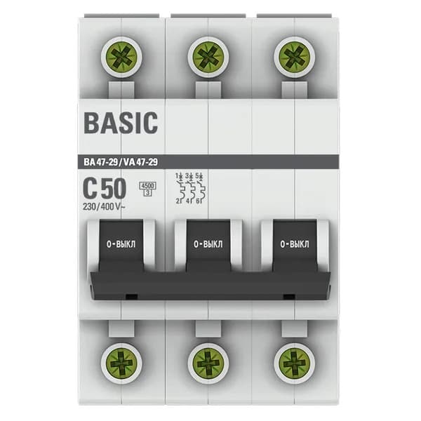 Автоматический выключатель модульный EKF Basic ВА47-29 3P, характеристика C, номинальный ток 50А, отключающая способность 4,5кА, артикул mcb4729-3-50C - вид спереди