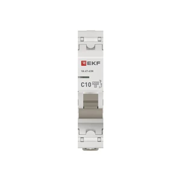 Автоматический выключатель модульный EKF PROxima ВА47-63N 1P, характеристика C, номинальный ток 10А, отключающая способность 6кА, артикул M636110C - вид спереди