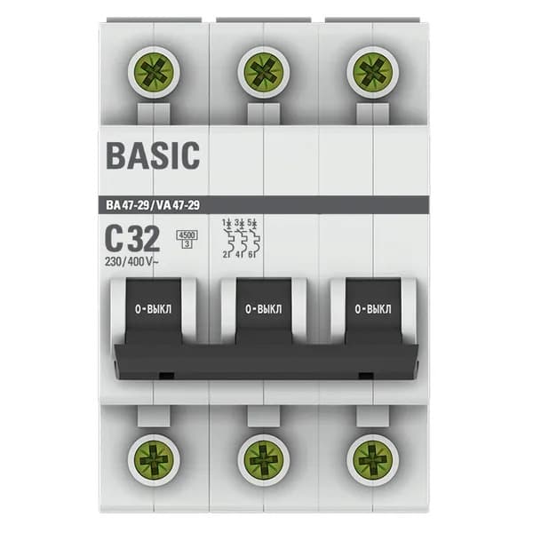 Автоматический выключатель модульный EKF Basic ВА47-29 3P, характеристика C, номинальный ток 32А, отключающая способность 4,5кА, артикул mcb4729-3-32C - вид спереди