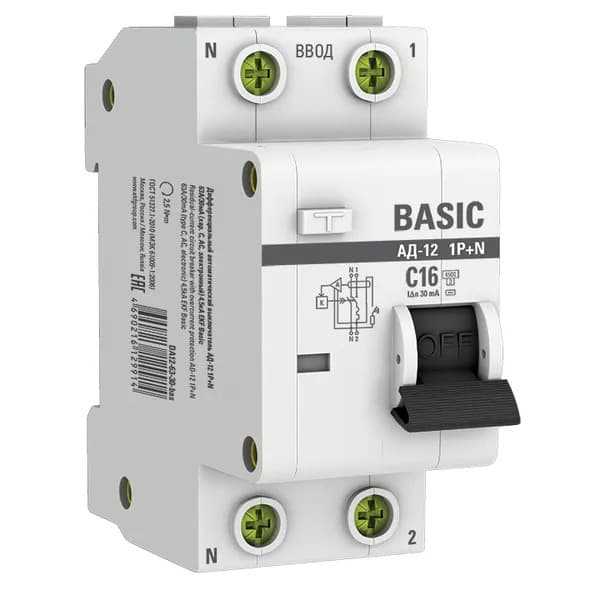 Дифференциальный автомат EKF Basic АД-12 1P+N, характеристика C, номинальный ток 16А, ток утечки 30мА, тип AC, отключающая способность 4,5кА, артикул DA12-16-30-bas