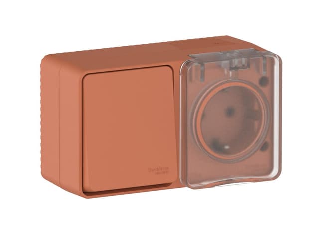 Блок комбинированный Systeme Electric AtlasDesign Profi54 ATN547070, розетка 16А, выключатель одноклавишный 10А, IP54, IK08, терракотовый