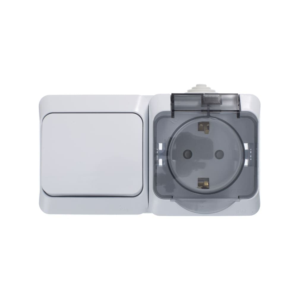 Блок комбинированный Systeme Electric Etude BPA16-241B, розетка 16А с заземлением и защитными шторками, выключатель одноклавишный 10А, IP44, накладной монтаж, белый, глянцевый - вид спереди