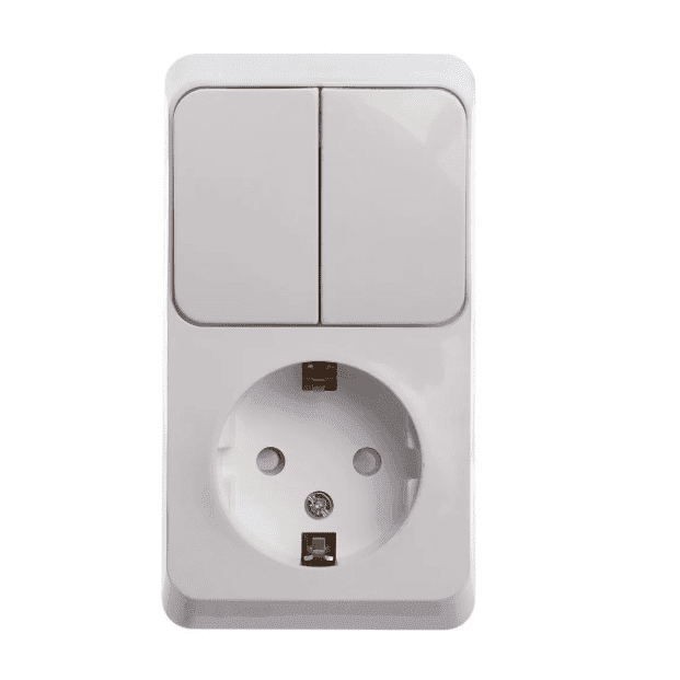 Блок комбинированный Systeme Electric Etude BPA16-202B, розетка 16А с заземлением и защитными шторками, выключатель двухклавишный 10А, IP20, открытой установки, белый, глянцевый